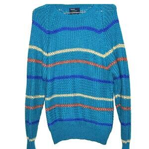 Vintage Teal Striped Blue Yellow Orange Arrow Sweater Grandpacore Size Medium
